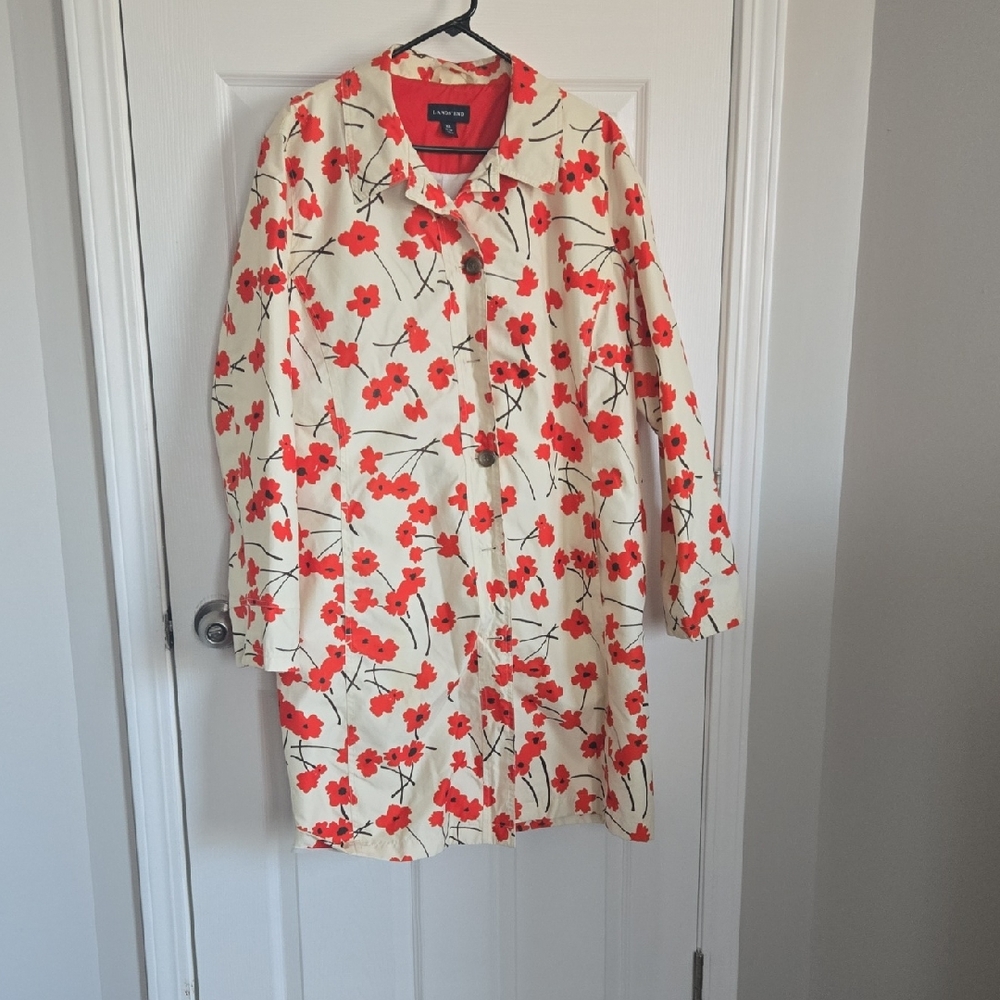 Lands' End Cream Coat with Red Floral Print